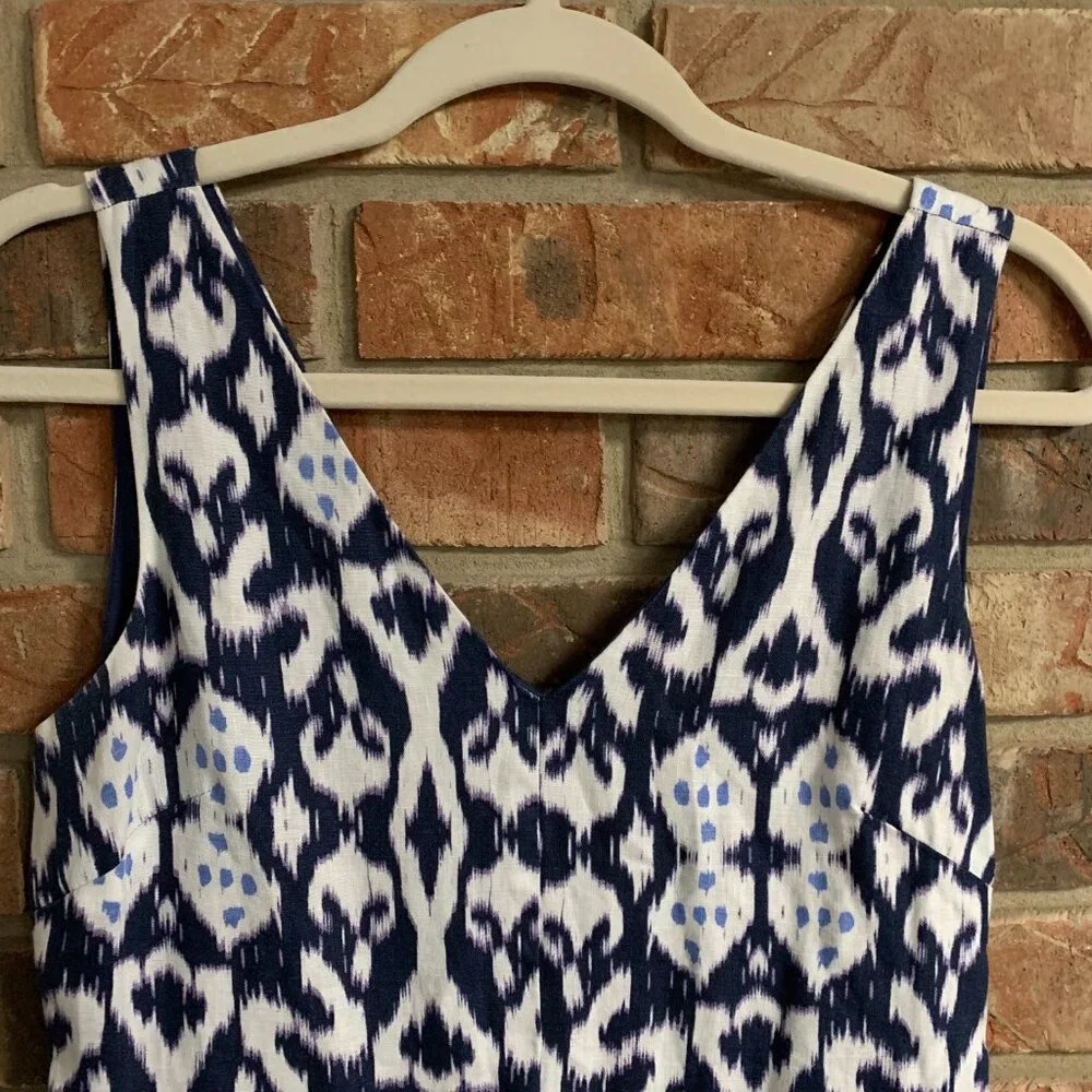 Gap 100% Linen Sleeveless V-neck Fit & Flare Ikat Blue White Mini Dress Size 4